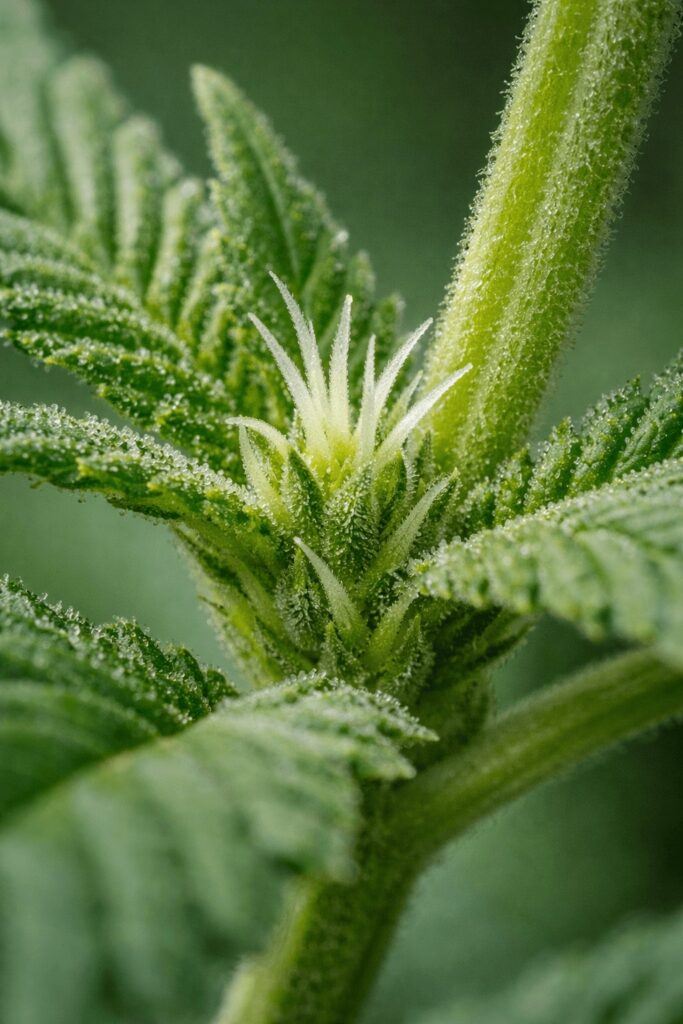 Weiße Pistillen in der frühen Blütephase bei Cannabis