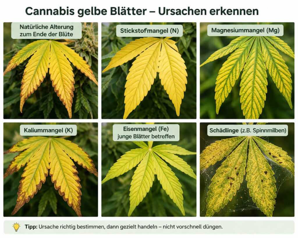 Übersicht gelber Cannabis Blätter durch Blüteende, Nährstoffmangel und Schädlingsbefall