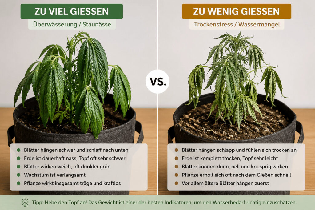 Vergleich von hängenden Cannabis Blättern durch Überwässerung und Wassermangel

